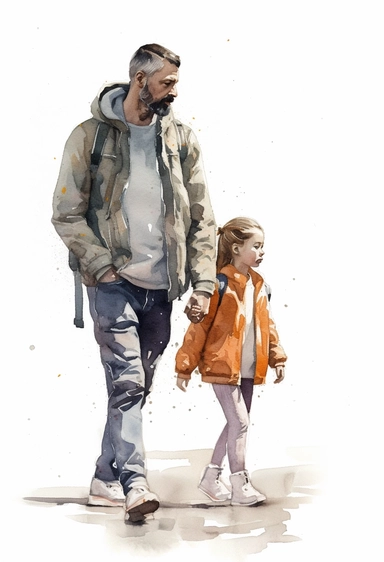 DESIGN A MAGNIFICENT AND EXQUISITE BREATHTAKING ONE-OF-A-KIND HIGH QUALITY HIGHLY DETAILED MASTERPIECE WATERCOLOR CLIPART ILLUSTRATION OF A young girl and father carrying her, in the style of realistic watercolor paintings, animated gifs, transportcore, gray, letras y figuras, 32k uhd, made of plastic, WHITE BACKGROUND, NO FONT, NO TEXT, NO WORDS, NO WATERMARK