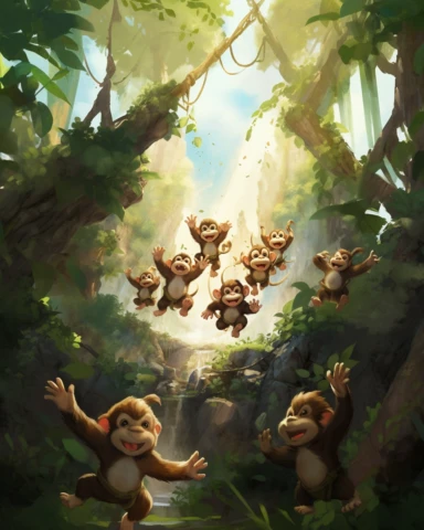 Nine little monkeys jumping all around the jungle, Swinging and leaping, never touching the ground, watercolour clipart, children's storybook illustration,