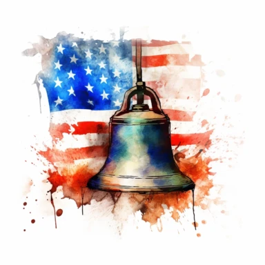 Liberty Bell, American flag, American, Clipart watercolor, travel, no watermark, text, brush, 300 DPI, typography, shapes slightly blend into each other, no text in the picture