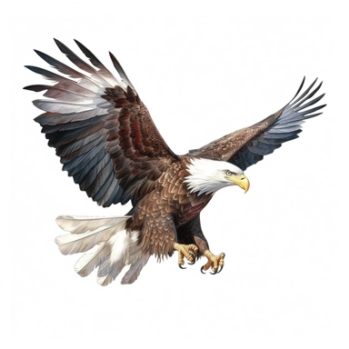 flying bald eagle with american flag in his talons, clip art, white background