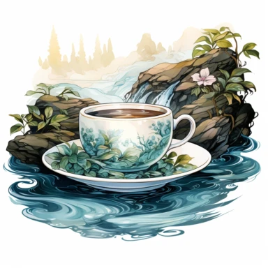 Clipart White Background: Craft a teacup waterfall flowing into a pool of liquid tea, watercolor, 4k