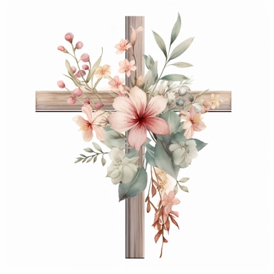 wooden cross, dusty blushing and pastel raspberry botanical wild flowers, sage green eucalyptus, clipart, watercolor, white background