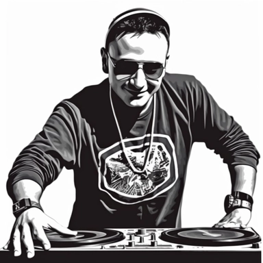 one color art t - shirt designs for Dj Bojkot minimalist with turntable, vinyl records, Los Angeles California backgrund white vector transparent clipart svg png cut vinyl