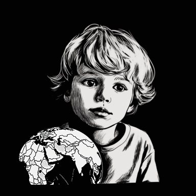 beautiful sketch of a cute child with planet Earth instead of his pupils, simple unicolor white clipart, hd, on black background, spaced out,--ar 3:2