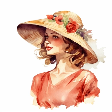 vintage woman colorful illustration old fashioned summer , Hand drawn , watercolor style,clipart,no shadow,single design, print on demand image, PNG transparent ,white background for removing background - - no text shadow font watermark
