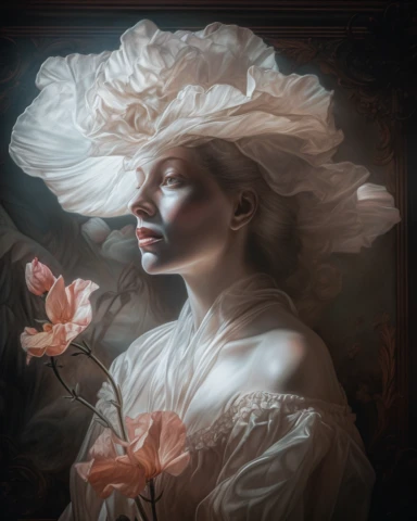 old Painting of White translucent Victorian woman ghost ethereal, in the background Victorian manor house, single beautiful Hibiscus head FLOWER on white background Flemish Baroque by Rachel Ruysch, Behance, Rococo, Intricate Detailed, Soft Light Effect, Oil Paint Strokes, Light Academia Aesthetic Flowers, Lighting cinematic, all shown shimmering stamens, tyndall light, light effect, texture, colorful, 8k, fantasy, ray tracing, depth of field, vivid, spectacular lighting, octane rendering, highl