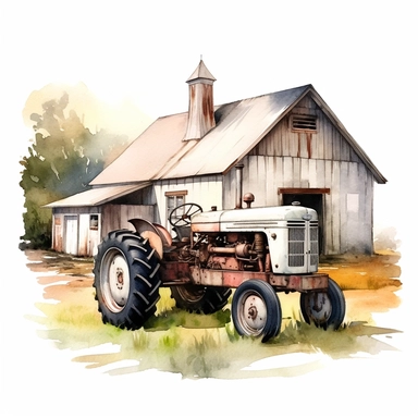 Farm Tractor , barn, farmhouse ,style by Lucy Fleming, watercolor, smooth gradients, black contour outline, ultra detailed, clipart elements, delicate pastel colors, solid white background, super clear, high quality