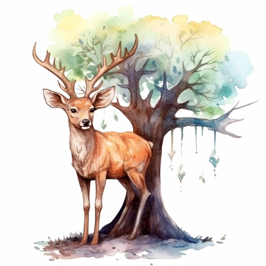 an adorable Deer behind a tree in the style of watercolour clipart with detailed brush strokes