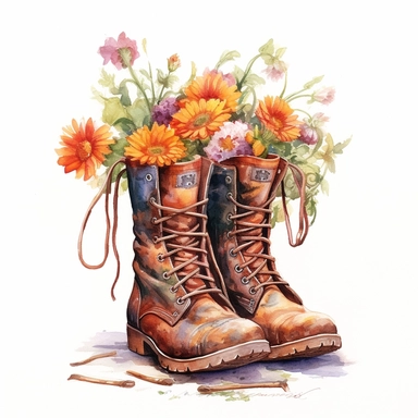 Clipart, A pair of boots with flowers, watercolor painting by Dorothy Hood, shutterstock contest winner, american scene painting, detailed painting, watercolor, white background, behance hd, detailed painting