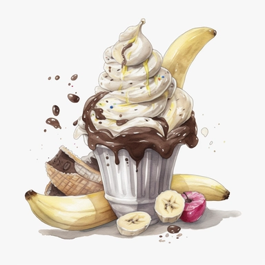 watercolor 1 piece Cookies and cream ice cream Banana splits vividly bold designs png Full body realistic cartoon in 32K UHD cute. 15 cm thick outline. There was no shadow on the ground. 8k with realistic watercolors. and detailed illustrations. PNG clipart, transparent white background