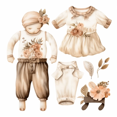 watercolor hand painted baby girl clother set clipart on white background, in the style of soft and dreamy depictions, mandy disher, website, dark brown and beige, interactive pieces, close up, handcrafted designs