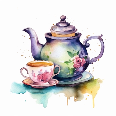 a Cute little a tea set, alice in wonderland inspired mad hatter tea party , Watercolor Clipart,white background Clipart ,single design, single object, watercolor illustration by Lizzie Mackay ,print on demand image, PNG transparent background, white background for removing background