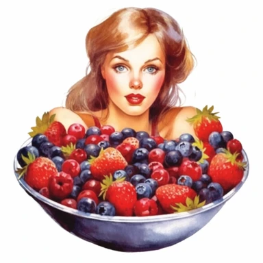 watercolor an illustration of a pretty girl in a bowl of berries, in the style of realist: lifelike accuracy, artgerm, kimoicore, comic art, pyotr konchalovsky, jon foster, colorful still-lifes Clipart desert cartoon t-shirt graphic, vector, contour, isolated on a white background