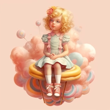 adorable little vintage whimsical girl sitting on a cloud made of sugar sweets candy and ribbons, face looking straight, full body, clipart style, pastel pink and orange, accurate details, oil painting technique, super high quality, professional watercolor clipart, high resolution
