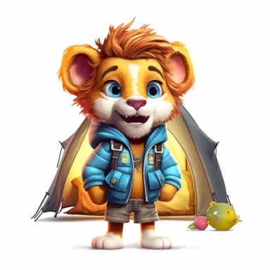 cute Lion character wearing camping clothes and camping gear with happy face,front facing on isolated background,with happy face and expression,Animal Sublimation Clipart,no splash watercolor,white background, ultra detailed clipart, cut out image, colorful watercolor realistic, cartoon style, ultra HD, sharp and clean art