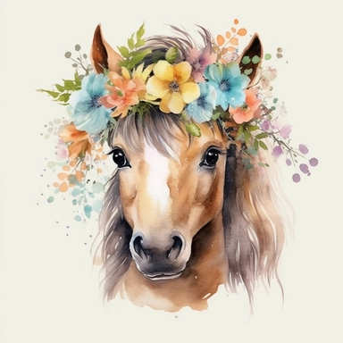 isolated clipart, cute horse with flowers on its head, highly realistic, flickr, watercolorist, uhd image, multi-layered mixed media