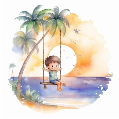 watercolour, tropical island setting, showcase an adorable little Hawaiian boy, he is swinging from the moon, the feeling is magical, clipart style