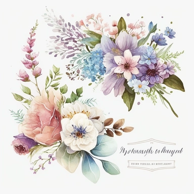 Wildflower Clipart Watercolor Floral Wedding Spring Flowers Premade Corner Arrangement. Bachelorette party, pink, blue, purple and brown pastel colors on white background FOR GIFT CARD, WEDDING INVITATIONS