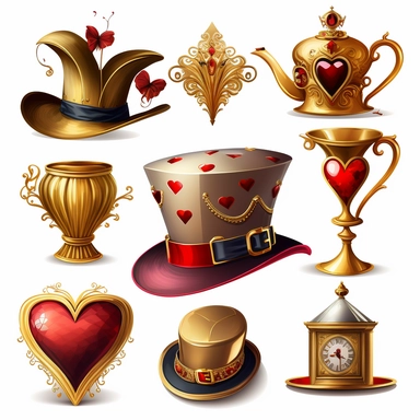 collection of hat , teapot,book, teacup, hearts cards, big crazy hat, gold melting clock , hourglass, queen of hearts , hearts paying cards vector clipart intrincate, luxurious on white background