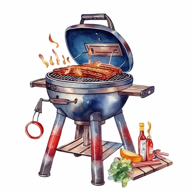 Cute Beautiful Patriot Barbecue Grill For 4th Of July Watercolor Sublimation Clipart,Cartoon, hyper realistic, intricate detail, illustration style,high solution,on the white background