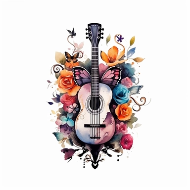 clipart de guitarra española con mariposas y flores, acuarela, 16k, hiper minimalista, megapixel, full color, super detailed,insanely detailed and intricate, ultra detallado