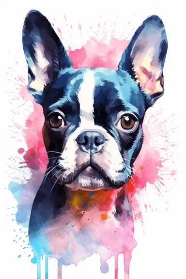 Boston Terrier dog, water color style, clipart, white background