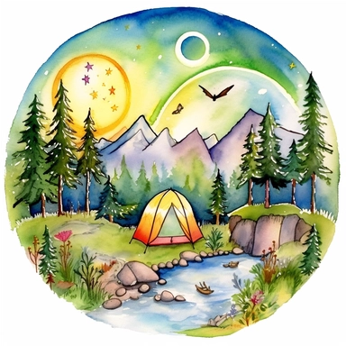 watercolor clipart painting of a Colorado mountain landscape, with evergreen pine trees, pinecones and sage green trees, with some yellow aspen trees and white birch trees, camping tent by a stream with rocks in the babbling brook, a butterfly and dragonfly, some birds, a sunset, hd, mystical and whimsical illustration with a little gold glitter and aurora borealis bubbles, with a few flowers and floral and botanical and ethereal elements, with white background,