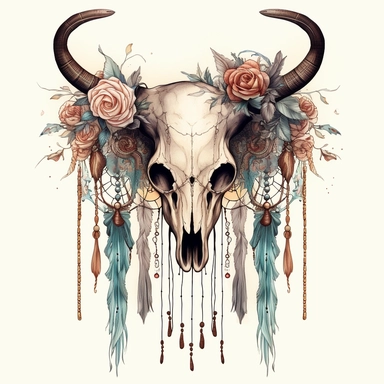 a clipart image of a boho bull skull with feathers hanging from it by strings in the style of vintage color and ink