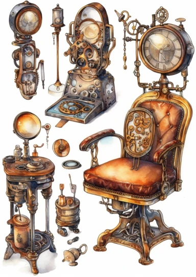 watercolor steampunk mechanical tools clipart set like mirror, lipstick, hat, chair, jewels, highly detailed ,clipart, hd, on white background, spaced out