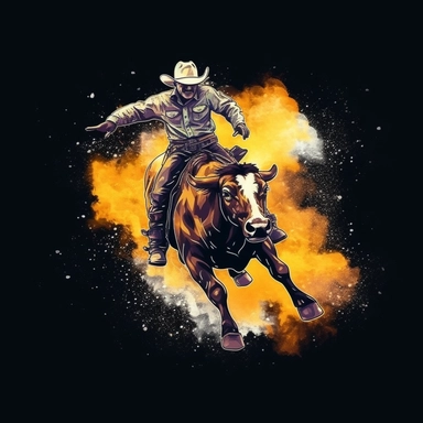 Cowboy bull ride rodeo illustration, nebular mix background, black and yellow color, clipart, photorealistic illustration, watercolor, high detail, 8k polished, 8k, vibrant colors, sticker, majestic, die cut, black background