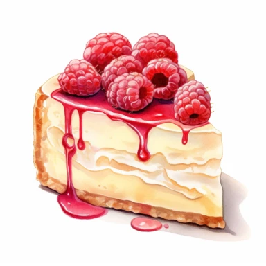 This highly detailed watercolor clipart depicts a heavenly White Chocolate Raspberry Cheesecake on a pristine white background. The artwork showcases the luxurious combination of creamy white chocolate and tart raspberries. The cheesecake is exquisitely rendered with intricate brushstrokes, highlighting its velvety texture and rich flavor. Plump raspberries add a vibrant burst of color, enhancing the visual appeal. Against the clean white backdrop, this clipart exudes an irresistible allure, mak