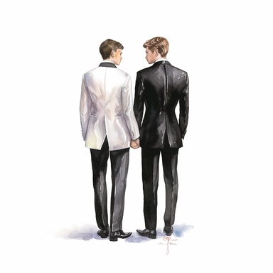 watercolor, hyper realistic, white background, white margins, 16k, ultra detailed clipart, cut out image, hand-drawn,celebration of love and commitment between two individuals of the same gender, wearing wedding attire, two grooms, both wear black vest, full length body, back view