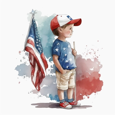 side boy kid with 4th of July theme,Watercolor style, Clipart,on white background