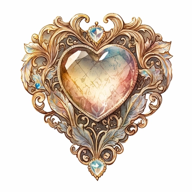 Gold Jewel Brooch with big clear diamond faceted heart shaped Gemstone, watercolour painting, detailed, intricate, white background, clipart