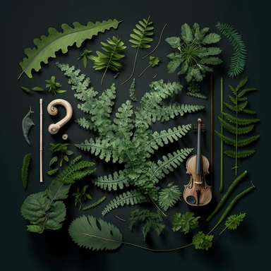 many types of fiddle ferns , in a Knolling clipart layout, tones, space between the images,materials, Deconstruction, Highly detailed, Depth