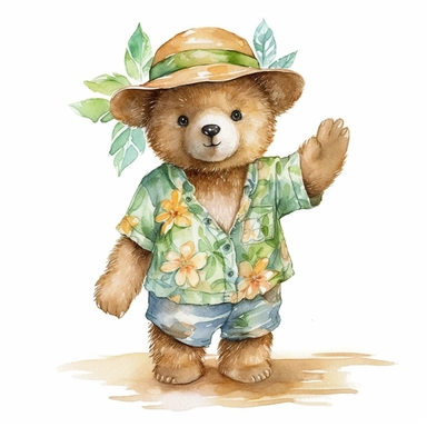 Cute baby bear clipart, happy expression, standing in dynamic pose, 1980s color scheme, wear play hat, hawaiian summer shirt, front view, in the style of watercolor cartoon clipart, kate greenaway style, high resolution, composition free space,watercolour clipart, watercolor illlustration for kids and children, isolated white background, clipart most popular on etsy, book illustration, featured on dribble, print on demand image, PNG tranparent background, composition medium shot, no text