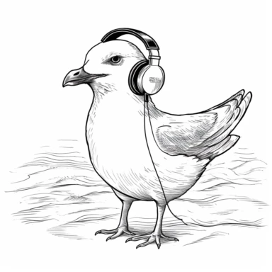 whimsical clipart seagull on the beach wearing headphones listening to music, eyes closed, isolated white background, contour, minimalist
