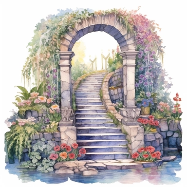 clipart, watercolor stair leading toward a waterfall, in the style of intricate, delicate flower and garden paintings, stone, rough clusters, small brushstrokes, arched doorways, colorful gardens, white background