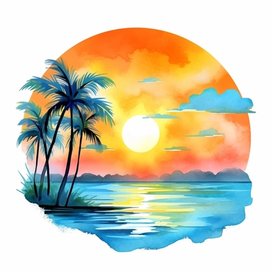 tropical watercolor sunset at the beach, palm trees, clipart, in the style of blue