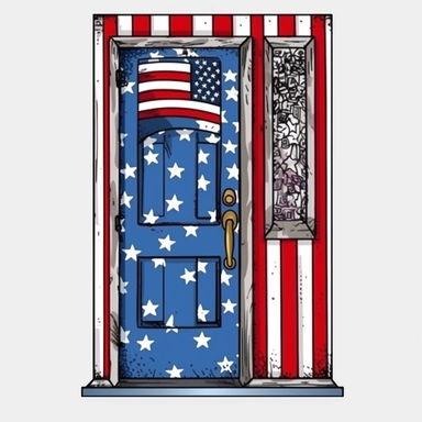 4th of July Patriotic Clip art of patriotic door, png Full body realistic cartoon in 32K UHD cute, 15 cm thick outline. Black color, 8k with realistic watercolors and detailed illustrations. PNG clipart, transparent white background