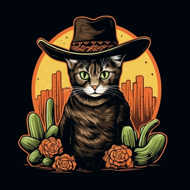 Funny,a cat wearing a cowboy hat, desert, Cactus, boho-style minimalist line art, doutone, Clip Art , T-shirt design, Black background