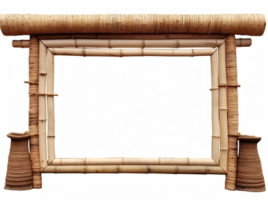 frame made of gray bamboo rods whith two feet, african style, immediate foreground, white blank empty canvas, clipart, isolated, white background, extremely detailed, photo realistic, high resolution, realistic, 8K,