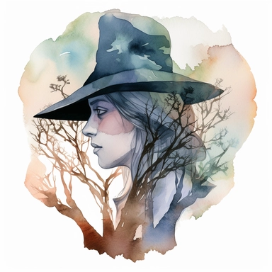 brothers grimm witch , witchy, double exposure, watercolor, art nouveau aesthetic, clipart