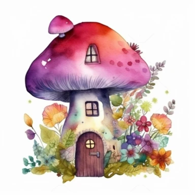 Colorful watercolor mushroom cozy home clipart, mythical aura, colorful tones, dark colors, featuring spring time elements such as flowers, foliage, white background, heavy contrast to white background, high quality, UHD,