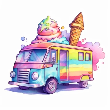 light rainbow ice cream truck in cute character, decorated with rainbow ice cram watercolor styles, high definition, clear background, Sublimation Clipart,hyper realistic, intricate detail, illustration style, isolated on white background for removing background