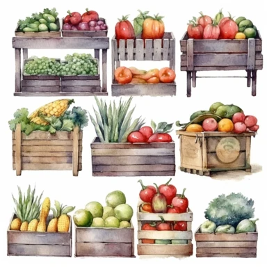Watercolor Farmer's Market clipart: farmer, vegetables, baskets, boxes, trucks, carts, stalls