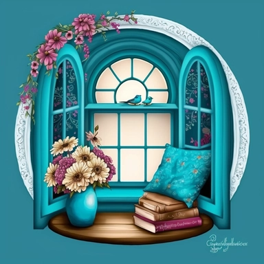 Bookworm cozy reading corner, flowers, window, caribbean blue color, clipart