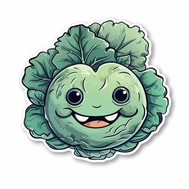 cute Cabbage, happy and smiling, bold line, clipart, sticker, white background, no shadow, 8k detail