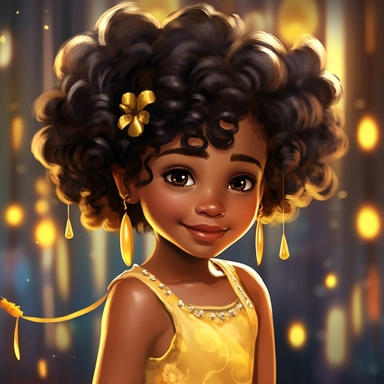 illustration concept of cartoon dark-skinned african girl clip art, in a pretty dress, in the style of lilia alvarado, yellow and gold, poodlepunk, walt disney, realistic portrait drawings, charming anime characters, 32k uhd