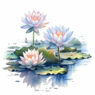 lotus flowers with blossoms floating on the water artistic watercolor with a delicate touch with shadow gradation white background clipart high quality 8k hyper detailed
